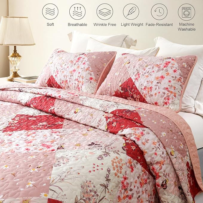 Whale Flotilla Patchwork Quilt King Size, Extra Soft Boho Floral Bedspreads - Image 3