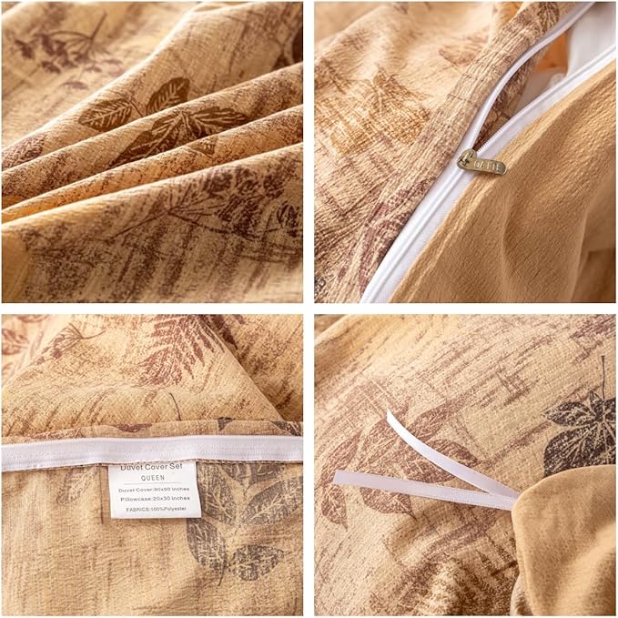 OAITE Brown Leaves Queen Size Duvet Cover-3 Pieces Prewashed Cotton-Like - Image 4