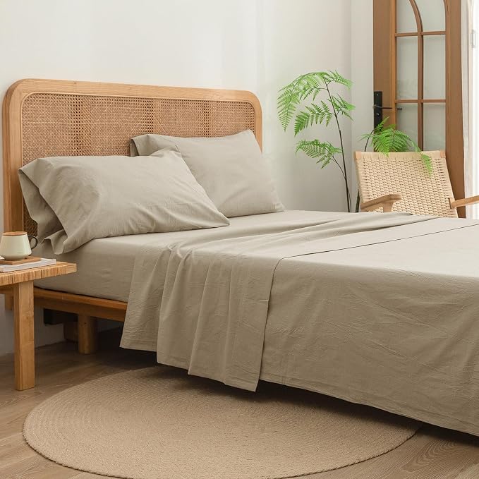BESTOUCH Flat Sheet Only 100% Washed Cotton Linen Feel Wrinkle-Free, - Image 4