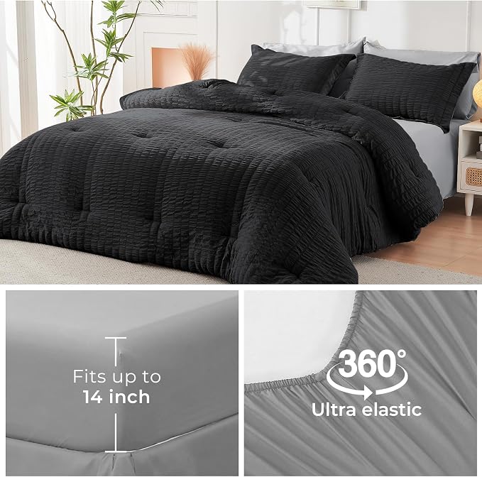 HYMOKEGE Black/Light Grey Twin Comforter Set Seersucker 5 Pieces, All Season - Image 6
