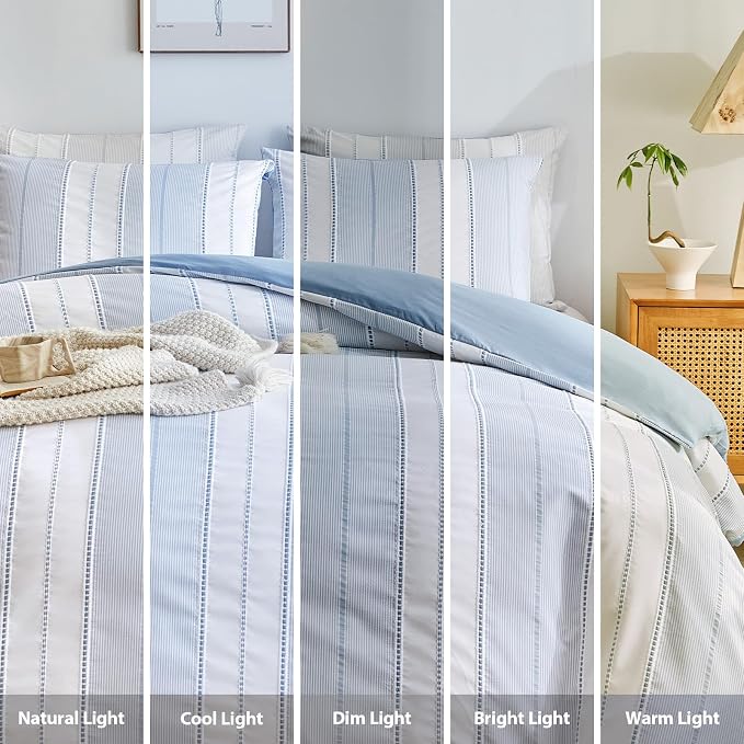 WARMDERN Blue Striped Weave Duvet Cover King Size, Microfiber Textured Bedding - Image 8