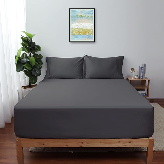 Twin Size Fitted Sheet Only Dark Grey, 100% Egyptian Cotton 600 Thread Count by ShunjieHome