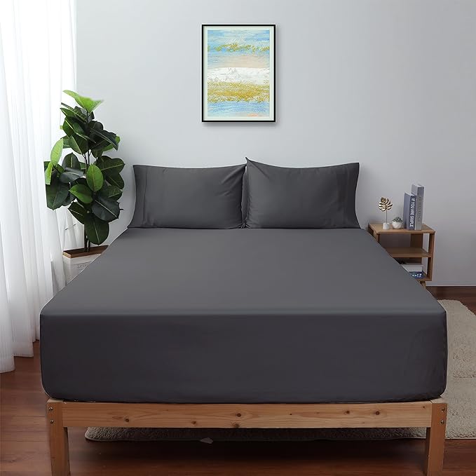 Full Size Fitted Sheet Only Dark Grey, 100% Egyptian Cotton 600 Thread Count by ShunjieHome