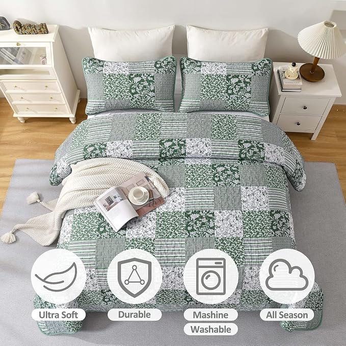 Mybedsoul Green Quilt Set Twin Size, 2 Pieces Plaid Floral Bedspread Set - Image 3