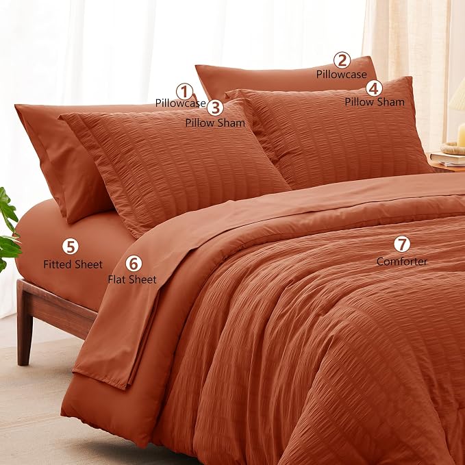 CozyLux King Size Comforter Set Burnt Orange Seersucker 7 Pieces Bed in a Bag - Image 8