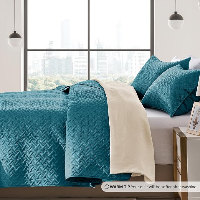 FLYMME Quilts Queen Size, Lightweight Teal Bedspreads, Basket Weave Pattern - Image 4
