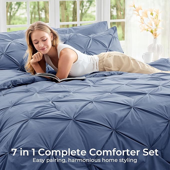 Sasttie Queen Comforter Set, 7-Piece Bed in a Bag, Pintuck Bedding Sets - Image 6