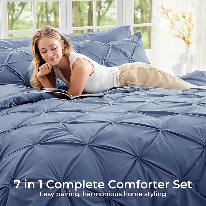 Sasttie California King Comforter Set, 7-Piece Bed in a Bag, Pintuck Bedding - Image 6