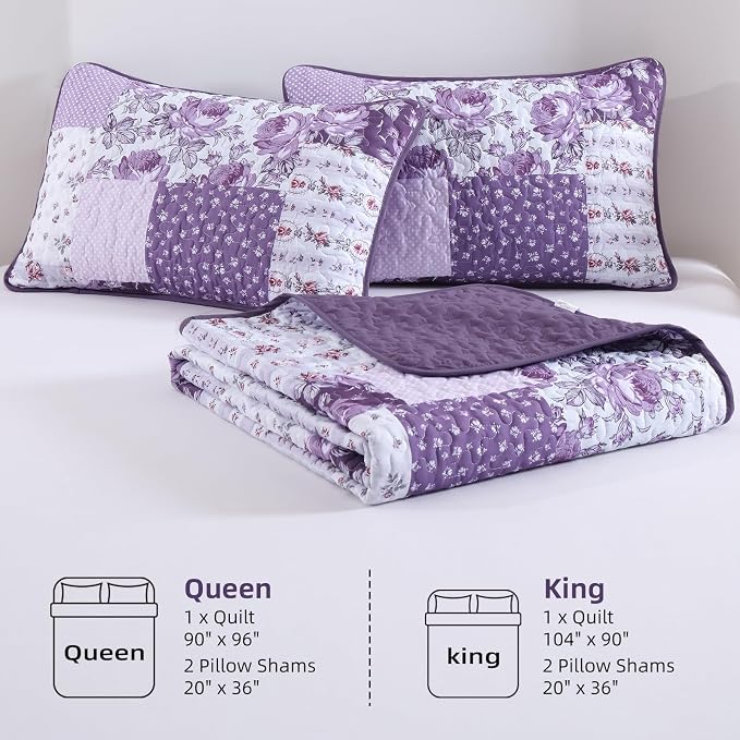 Anibedding Floral Patchwork Quilts Queen Size, 3Pieces Boho Farmhouse Floral - Image 7