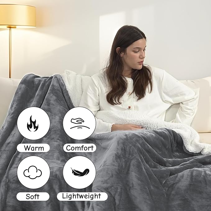 Electric Heated Blanket Throw 50"x60", Soft Flannel Sherpa Heating Throw - Image 2