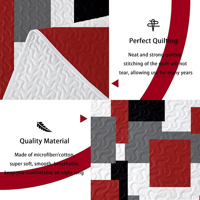Tyrot 3 Piece Red Black Grey Quilt Set California King Size Red White Geometric - Image 4