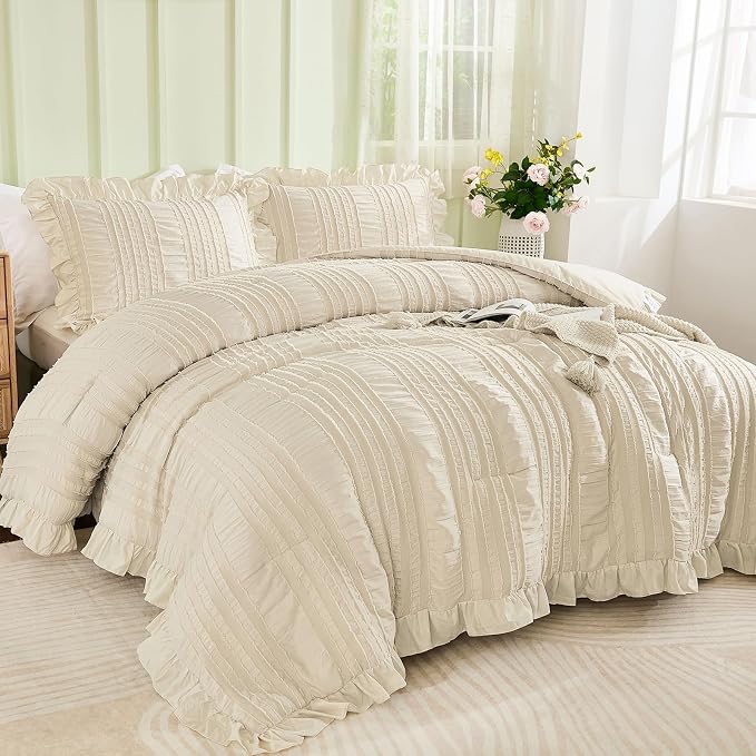 WONGS BEDDING Beige Ruffle Queen Comforter, Boho Shabby Chic Bedding - Image 2