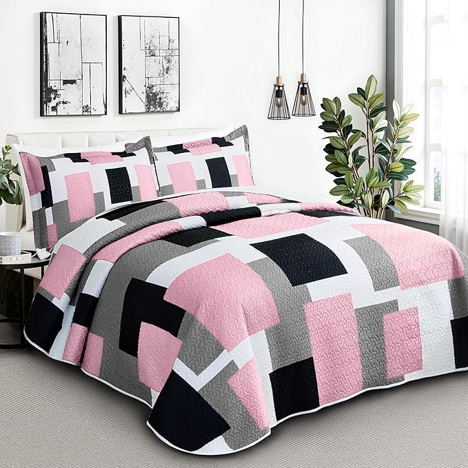 Tyrot 3 Piece Pink Grey Quilt Set California King Size Pink Gray White - Image 2