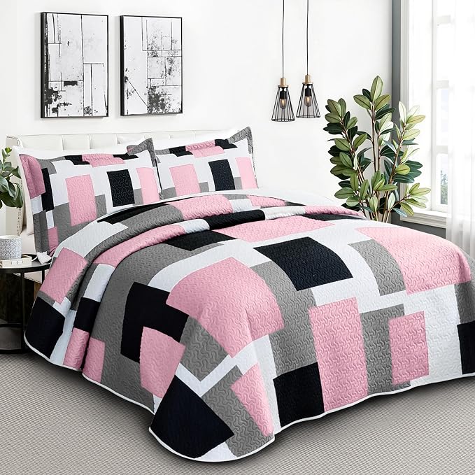 Tyrot 2 Piece Pink Grey Quilt Set Twin Size Pink Gray White Geometric - Image 2