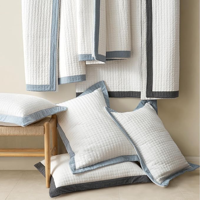 EVERGRACE Cotton Border Frame Tack-Stitch Quilt Bedding Set King Size, Coastal - Image 7