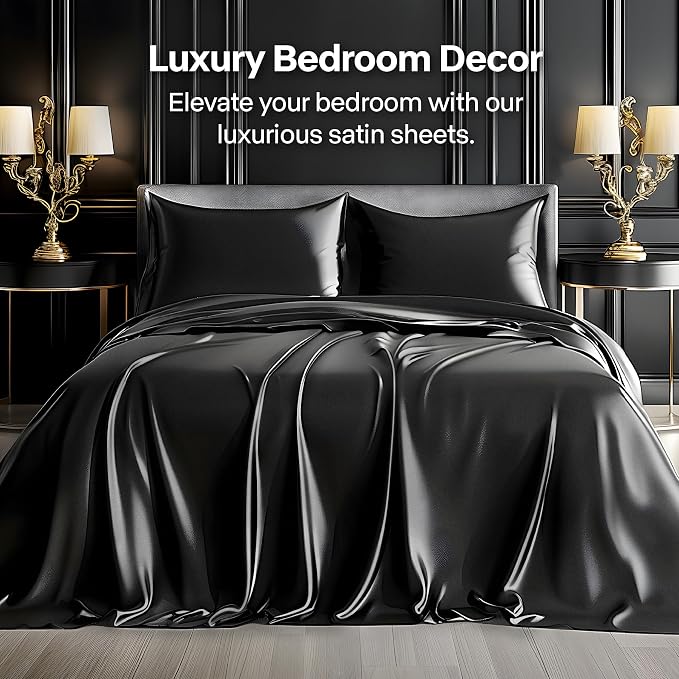 BEDELITE Satin Sheets Full Size Bed Set, Luxury Soft Black Silky Sheets - Image 2