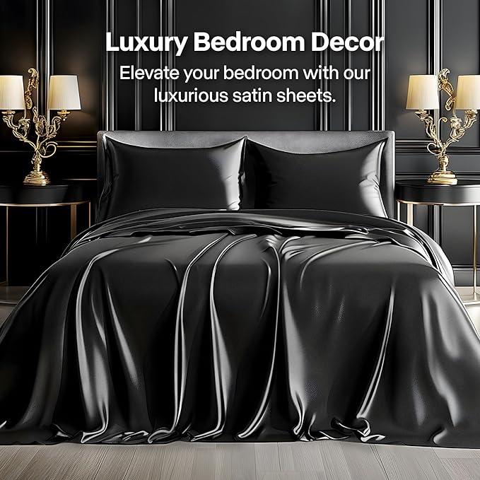 BEDELITE King Size Sheets Set, Luxury Soft Black Satin Sheets - Image 2