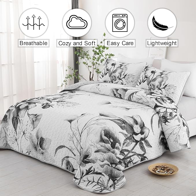 Floral Quilt Set King 3 Pieces Grey Floral Quilt Coverlet Set Soft Microfiber - Image 2