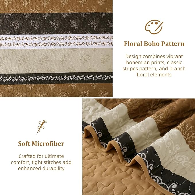 DJY Brown Quilt Set Queen Striped Bedspread Coverlet Set 3 Pieces Boho Branch - Image 6