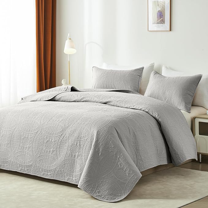 akkialla King Size Quilt Set, Light Grey Ultrasonic Bedspread, Lightweight Soft - Image 2