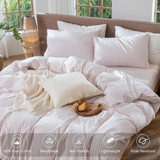 MooMee Striped Duvet Cover Set 100% Washed Cotton Linen Like Textured - Image 4