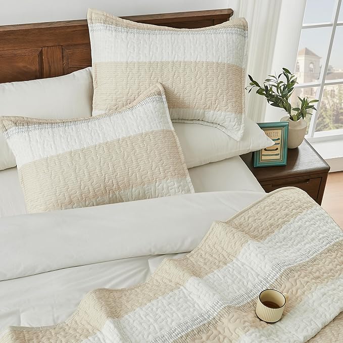 Andency California King Size Quilt Set Beige, 3 Pieces Beige Ultra Soft - Image 3