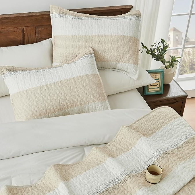 Andency King Size Quilt Set Beige, 3 Pieces Beige Ultra Soft Lightweight - Image 3