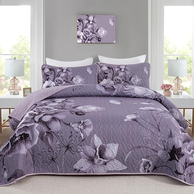 Floral Quilt Set Queen 3 Pieces Dark Purple Boho Flower Quilt Coverlet Set Soft by DRUCON