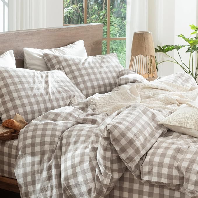 MooMee Gingham Duvet Cover Set 100% Washed Cotton Linen Like Textured - Image 9
