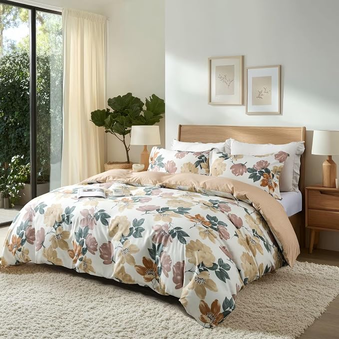 OAITE Duvet Cover King Size, Reversible Blooming Flower Orange Duvet Cover Set - Image 2