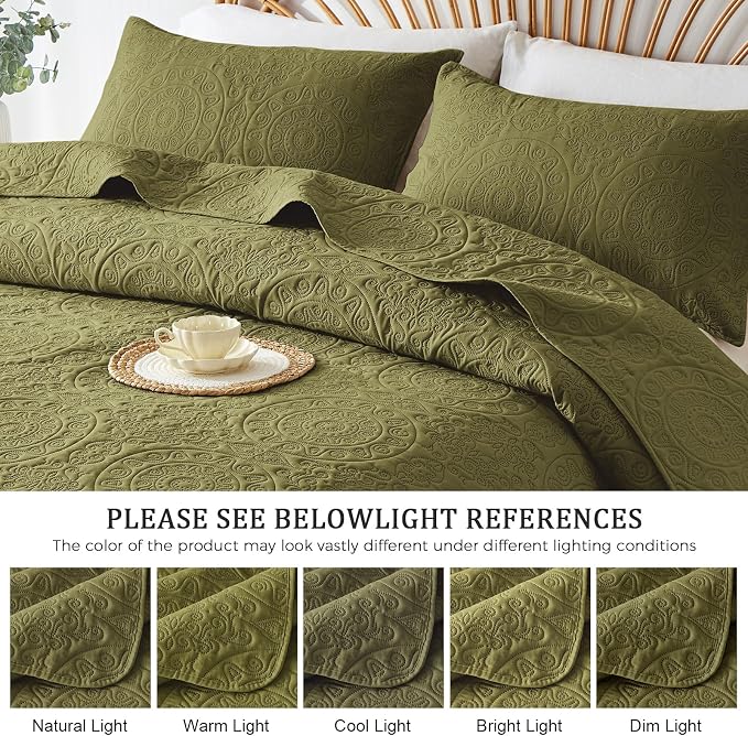 WURUIBO Olive Green Quilt Set Twin Size, Embossing Microfiber Bedspreads - Image 6