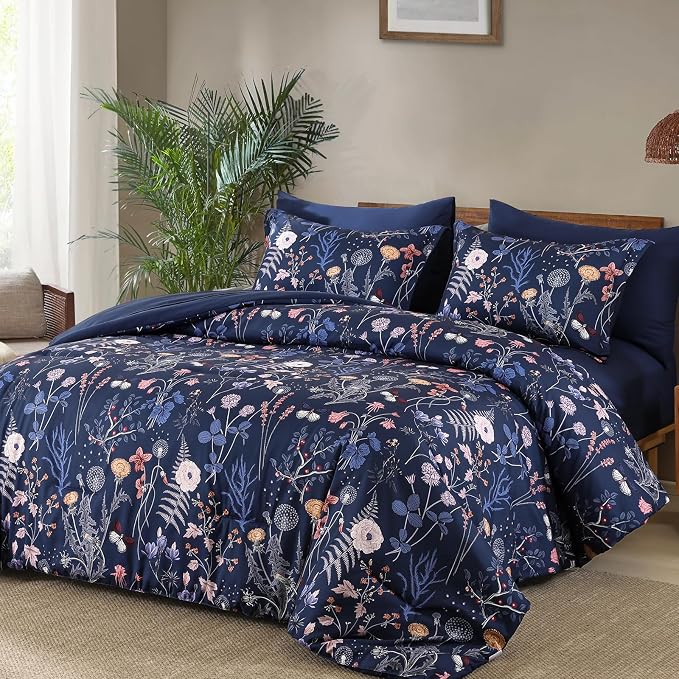 Yiran King Size Comforter Set, 7 Pieces Navy Blue Floral Soft Bedding Sets - Image 2