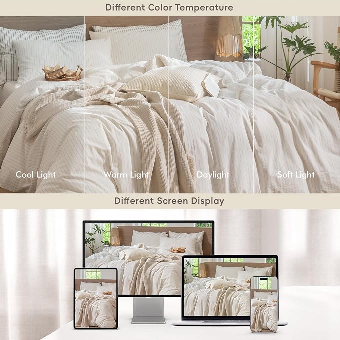 MooMee Striped Duvet Cover Set 100% Washed Cotton Linen Like Textured - Image 7