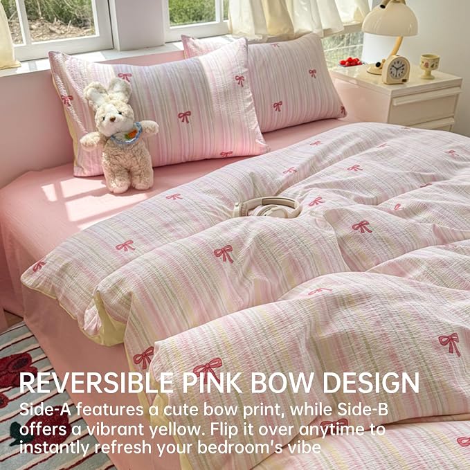 BOLINLIVING Pink Bow Duvet Cover Twin Size, Girls Kids Cute Striped Bowknot - Image 2
