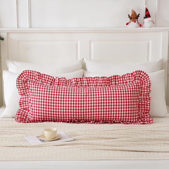 14x36 inches Red/White Plaid Ruffle Lumbar Gingham Pillow Sham 1 Piece - Image 2