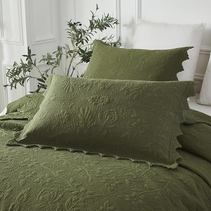 Brandream Olive Green Floral Vine Cotton Quilt Set King Size Luxury Scalloped - Image 7