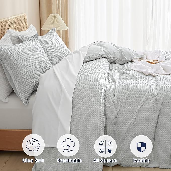 PHF Waffle Weave Duvet Cover Set Queen Size, No Snagging Ultra Soft Luxury - Image 4