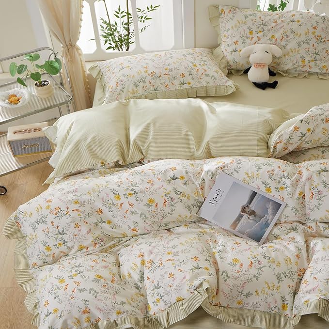 mixinni 100% Cotton Duvet Cover Set Queen, Reversible Spring Floral Ruffle - Image 5
