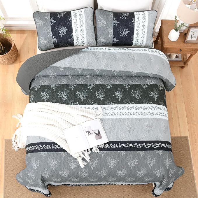 DJY Gray Quilt Set Queen Size Boho Striped Patchwork Bedspread Coverlet - Image 3