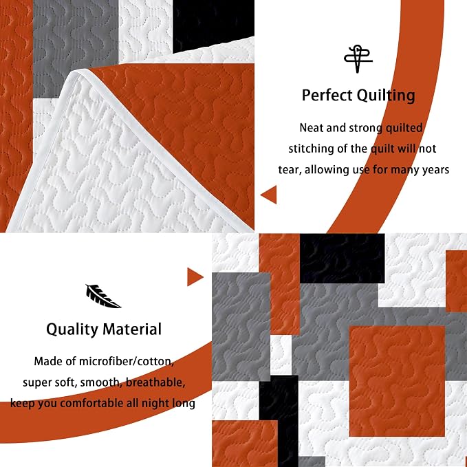 Tyrot 3 Piece Orange Grey Quilt Set King Size Black White Gray Geometric - Image 4