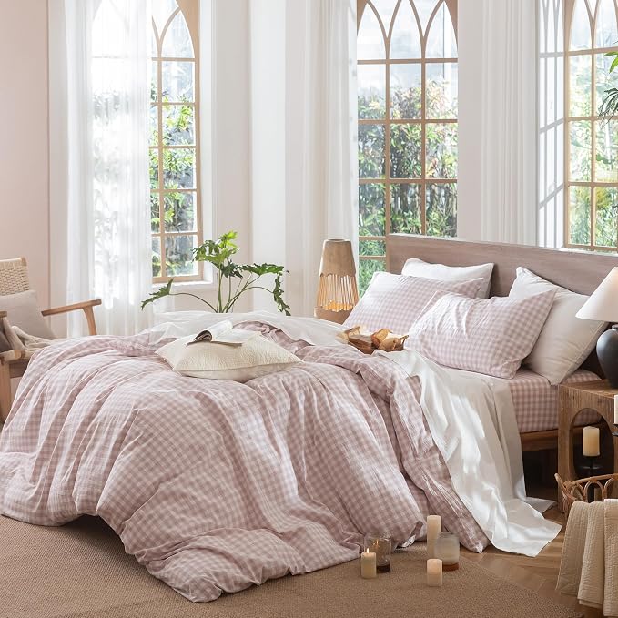 MooMee Gingham Duvet Cover Set 100% Washed Cotton Linen Like Textured - Image 3