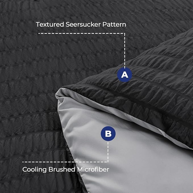 HYMOKEGE Black/Light Grey Queen Comforter Set Seersucker 7 Pieces, All Season - Image 4