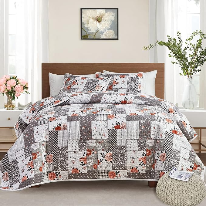 Patchwork Quilt Set Full/Queen Size, 3 Pieces Grey Floral Plaid Summer by Flysheep