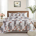 Patchwork Quilt Set King Size, 3 Pieces Grey White Floral Plaid Summer by Flysheep