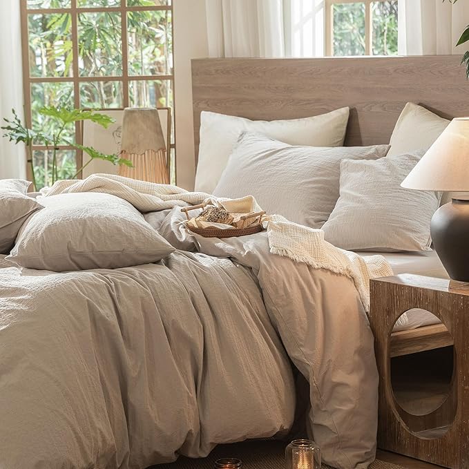 MooMee Wavy Striped Duvet Cover Set 100% Washed Cotton Linen Like Textured - Image 3