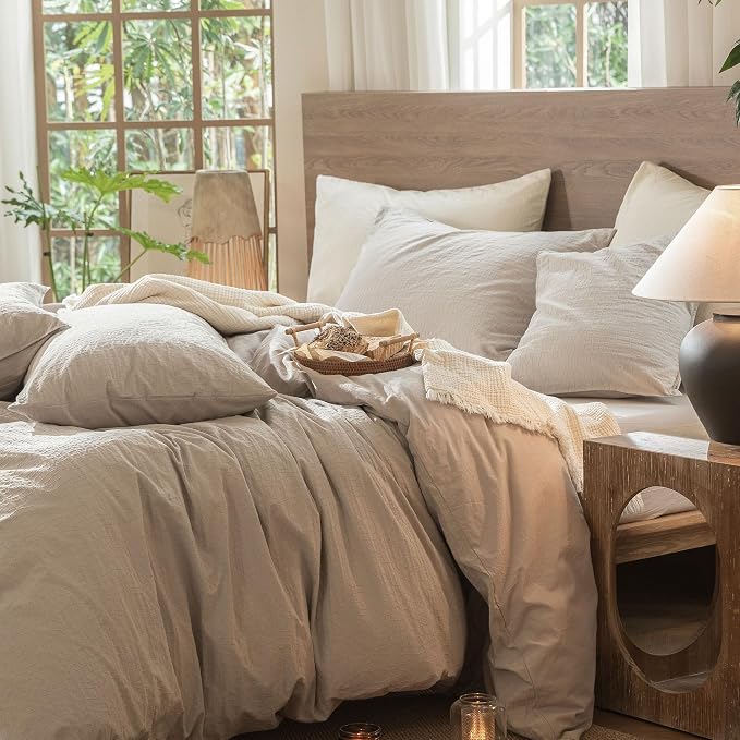 MooMee Wavy Striped Duvet Cover Set 100% Washed Cotton Linen Like Textured - Image 3