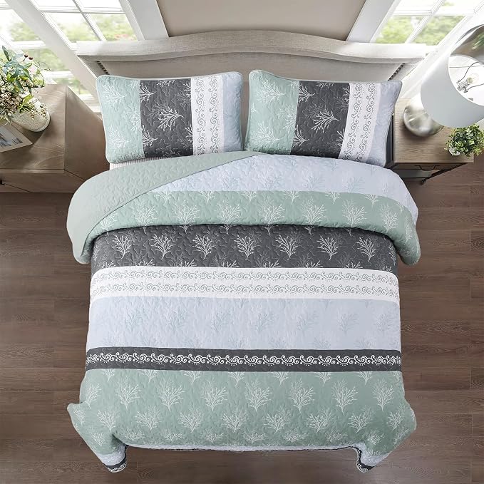 DJY Stripe Quilt Set King Size Sage Green Bedspread Coverlet Set 3 Pieces Boho - Image 3