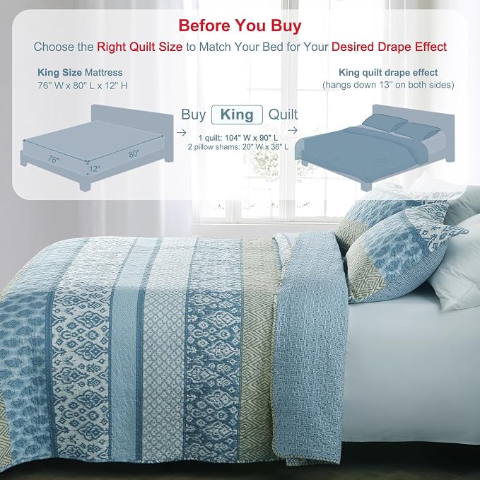 GOONE King Quilt Set 104"x90", Lightweight Washed Coverlet, Reversible Spring & - Image 6
