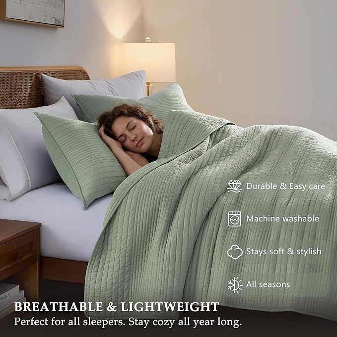 palassio Striped Sage Green 100% Cotton Quilt Twin Size Bedding Sets, - Image 5