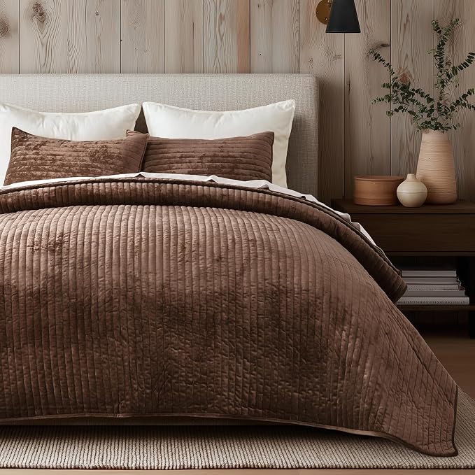 EVERGRACE Velvet Quilt Set King Size, Luxurious Soft Striped Channel Bedding Set - Image 7